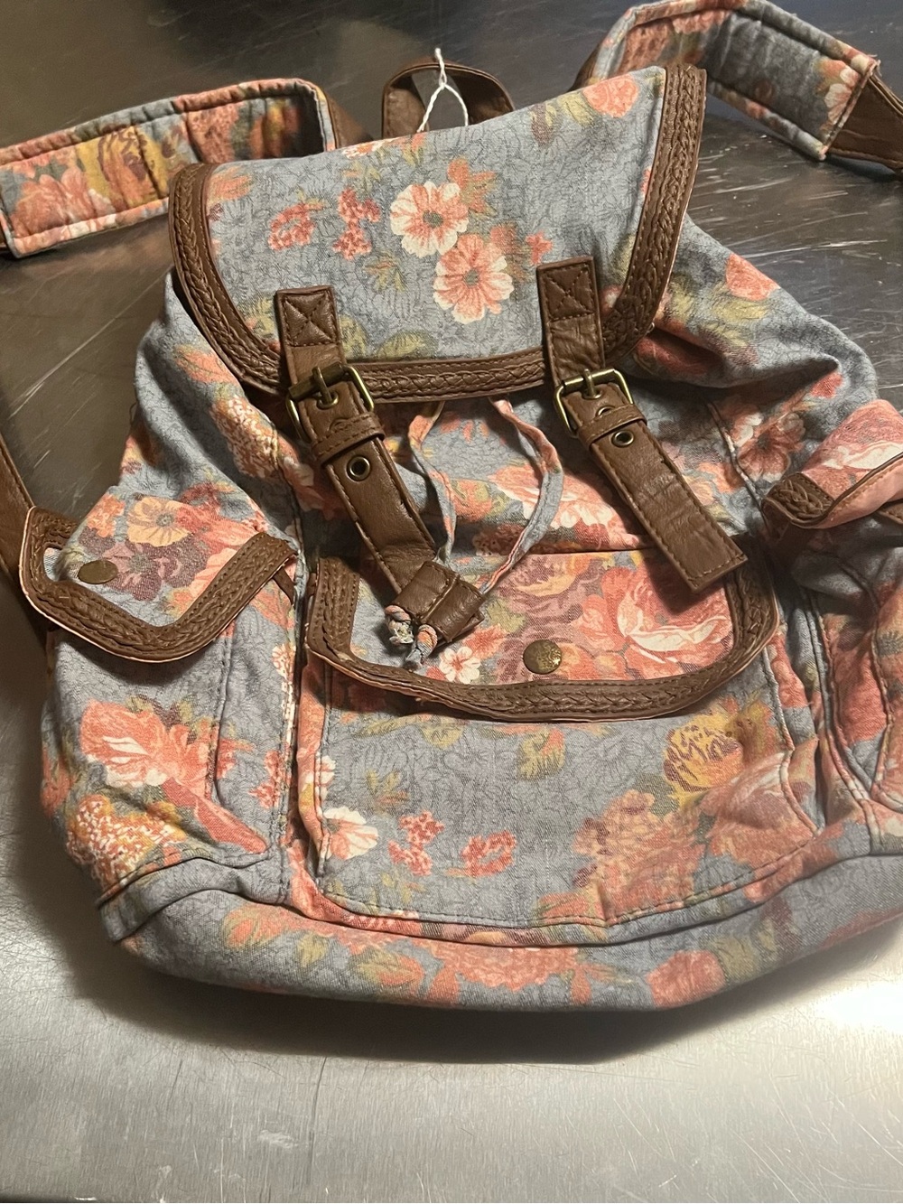 Olsenboye Floral Canvas Backpack in Gray, Pink and Brown Trim